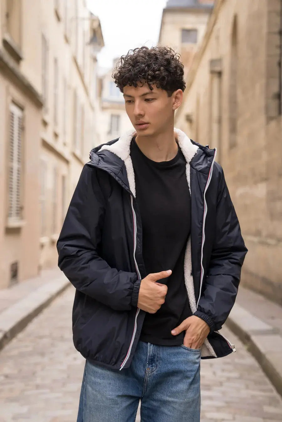Laura Jo - Manteau imperméable bleu marine HOMME fourré court, doublé en sherpa blanc Laura Jo