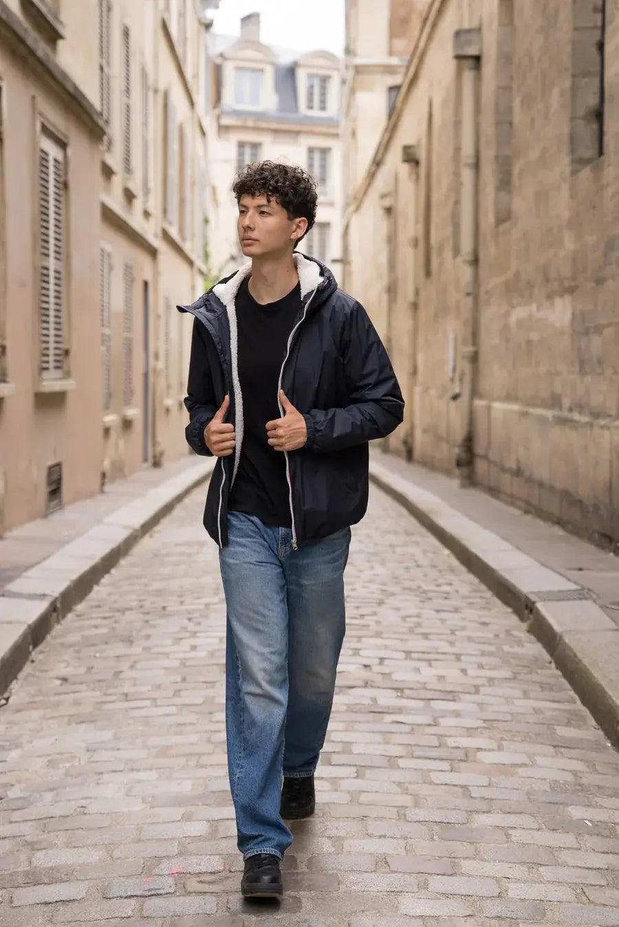 Laura Jo - Manteau imperméable bleu marine HOMME fourré court, doublé en sherpa blanc Laura Jo