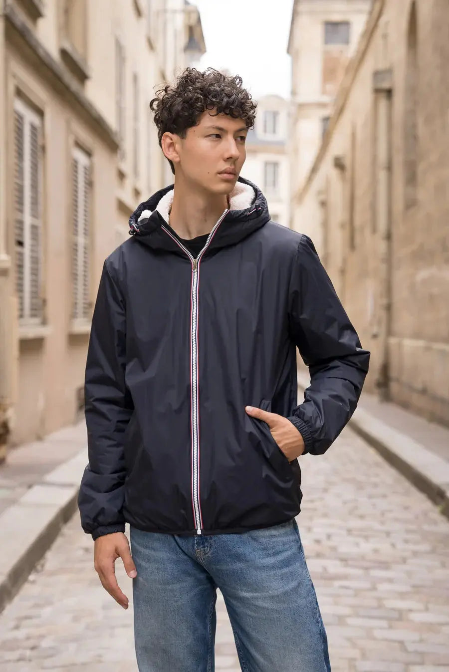 Laura Jo - Manteau imperméable bleu marine HOMME fourré court, doublé en sherpa blanc Laura Jo