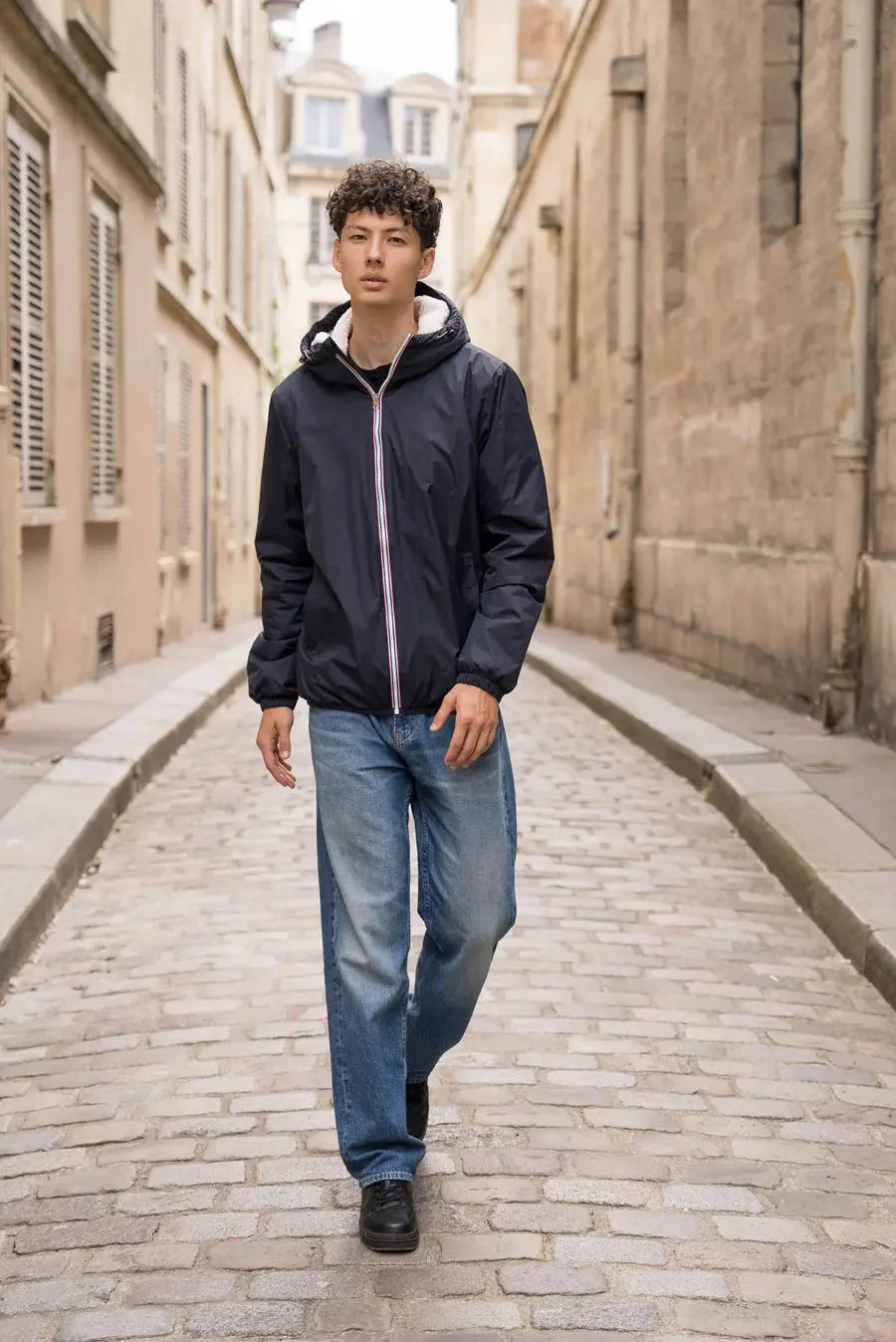 Laura Jo - Manteau imperméable bleu marine HOMME fourré court, doublé en sherpa blanc Laura Jo