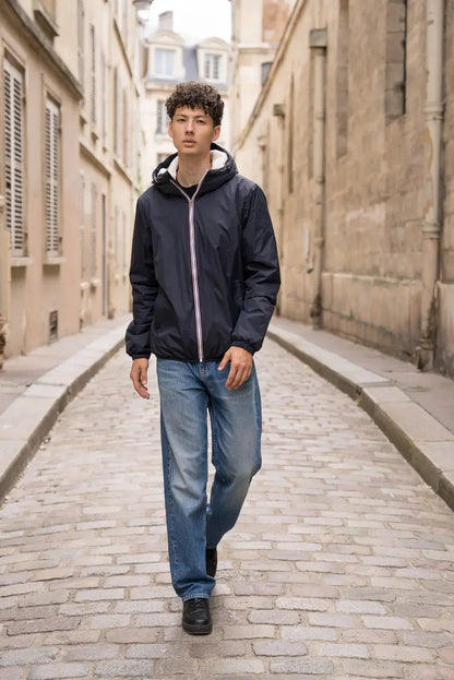 Laura Jo - Manteau imperméable bleu marine HOMME fourré court, doublé en sherpa blanc Laura Jo