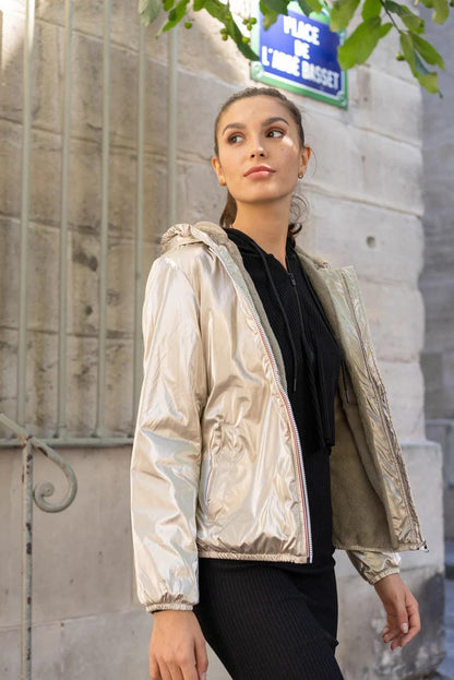 Woman wearing Laura Jo gold short waterproof coat, stylish street fashion, Le Petit Placard