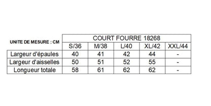 Size chart for Laura Jo short waterproof faux fur coat, Le Petit Placard, in centimeters.