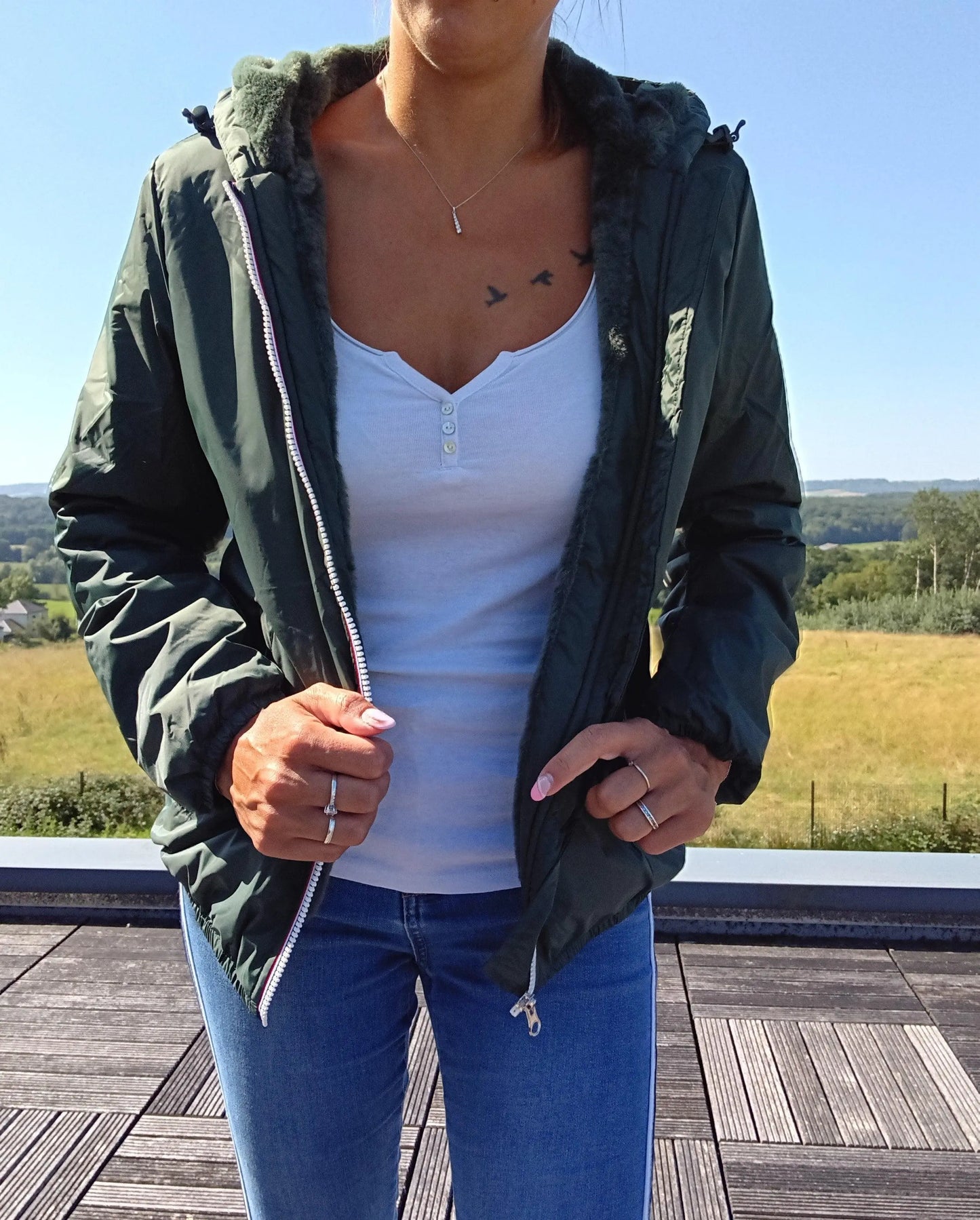 Manteau Court Fourré Vert Forêt Laura Jo - Imperméable Hiver Laura Jo