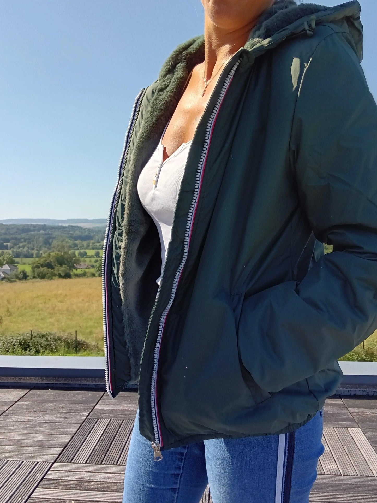 Manteau Court Fourré Vert Forêt Laura Jo - Imperméable Hiver Laura Jo