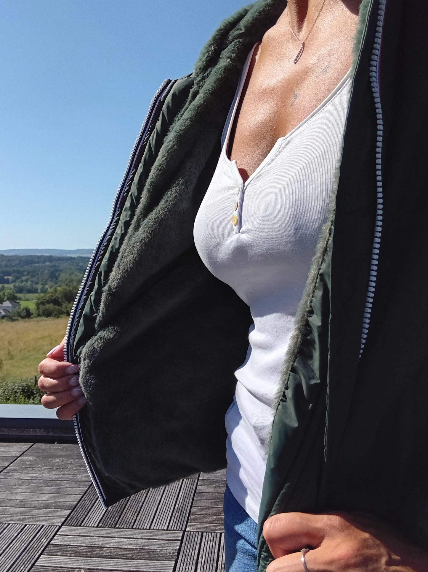 Manteau Court Fourré Vert Forêt Laura Jo - Imperméable Hiver Laura Jo