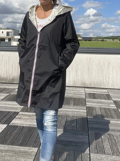 Imperméable réversible long noir et doré avec capuche, manteau Laura Jo, style élégant et pratique, sans doublure ouate.