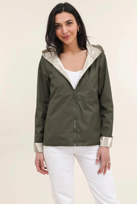 Laura Jo - Parka réversible court sans garnissage ouate couleur kaki doré zip uni - Le Petit Placard
