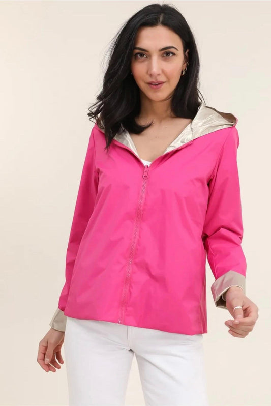 Laura Jo - Parka réversible court sans garnissage ouate couleur rose fuschia doré zip uni - Le Petit Placard