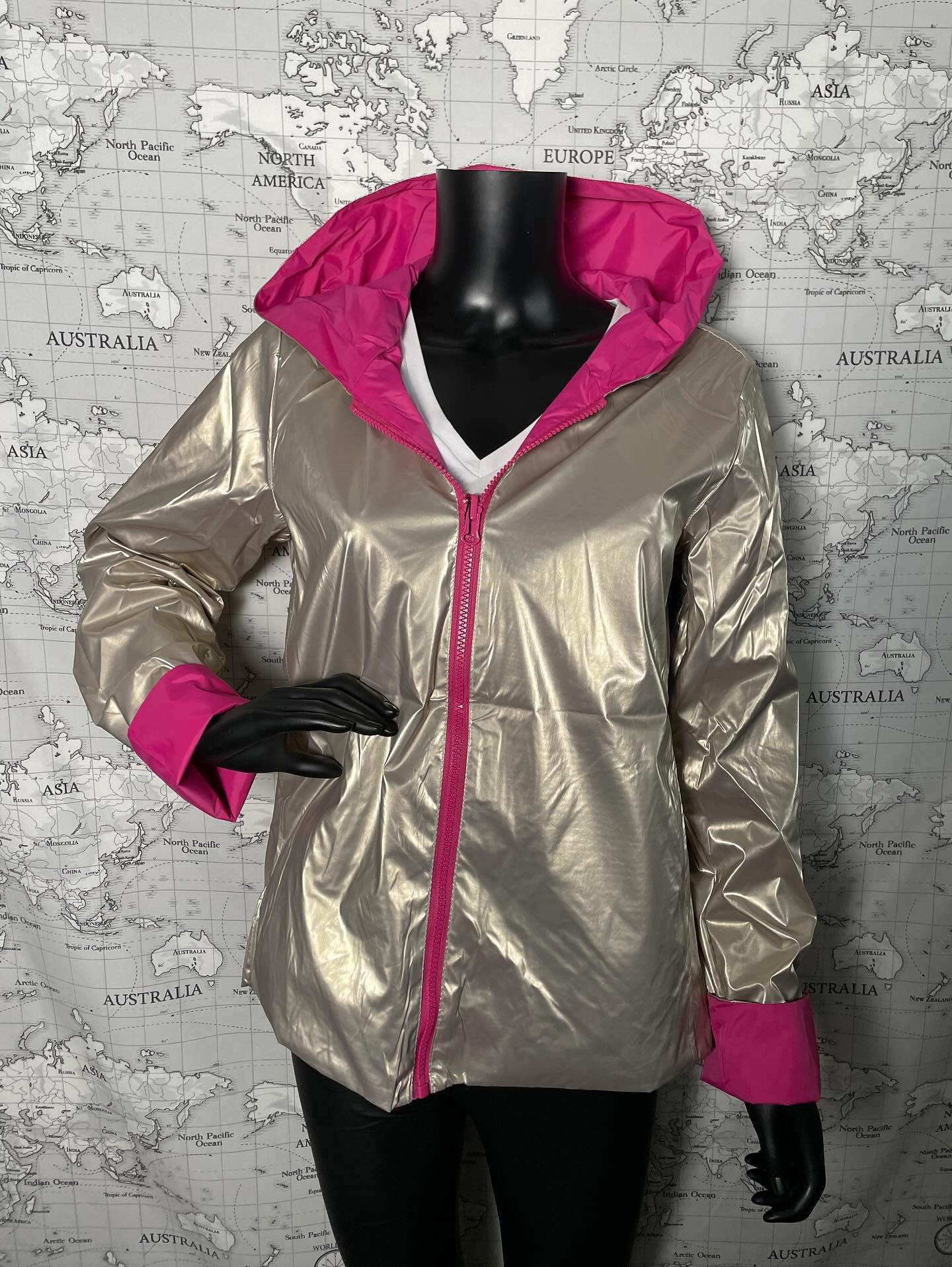 Laura Jo - Parka réversible court sans garnissage ouate couleur rose fuschia doré zip uni - Le Petit Placard