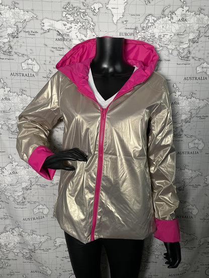 Laura Jo - Parka réversible court sans garnissage ouate couleur rose fuschia doré zip uni - Le Petit Placard