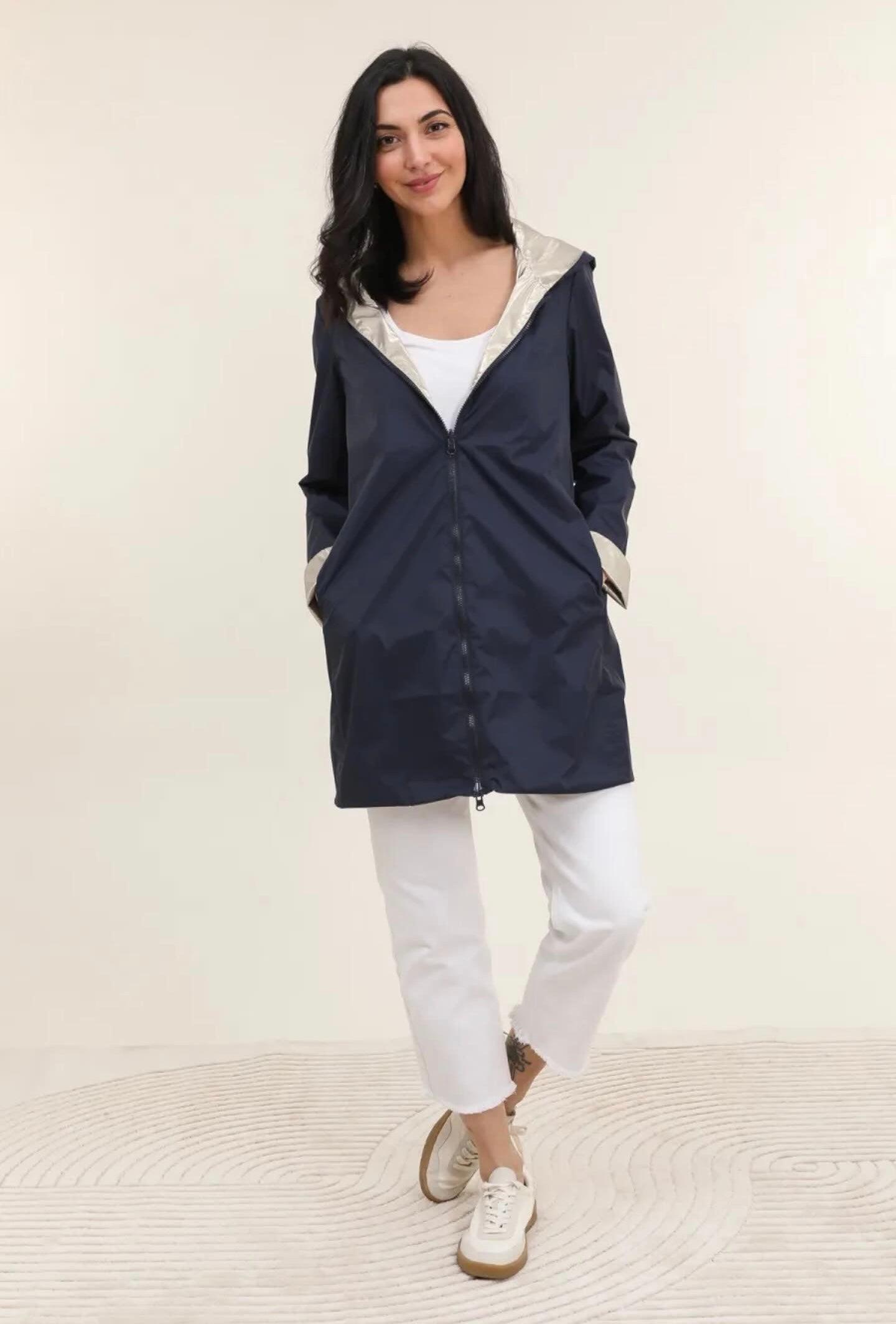 Laura Jo - Parka réversible long sans garnissage ouate couleur bleu marine doré zip uni - Le Petit Placard