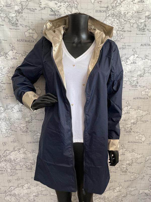 Laura Jo - Parka réversible long sans garnissage ouate couleur bleu marine doré zip uni - Le Petit Placard