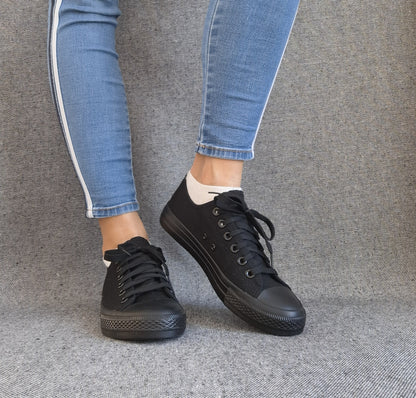 Baskets basses noir femme style Converse classique portées avec un jean bleu, look casual tendance