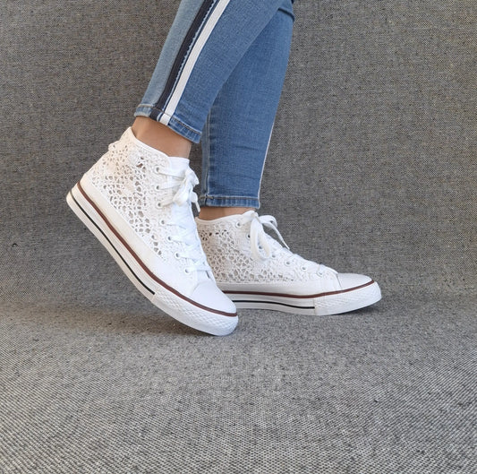 Baskets Hautes Dentelle Blanche Femme - Montantes Style Converse Le Petit Placard