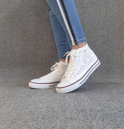 Baskets Hautes Dentelle Blanche Femme - Montantes Style Converse Le Petit Placard