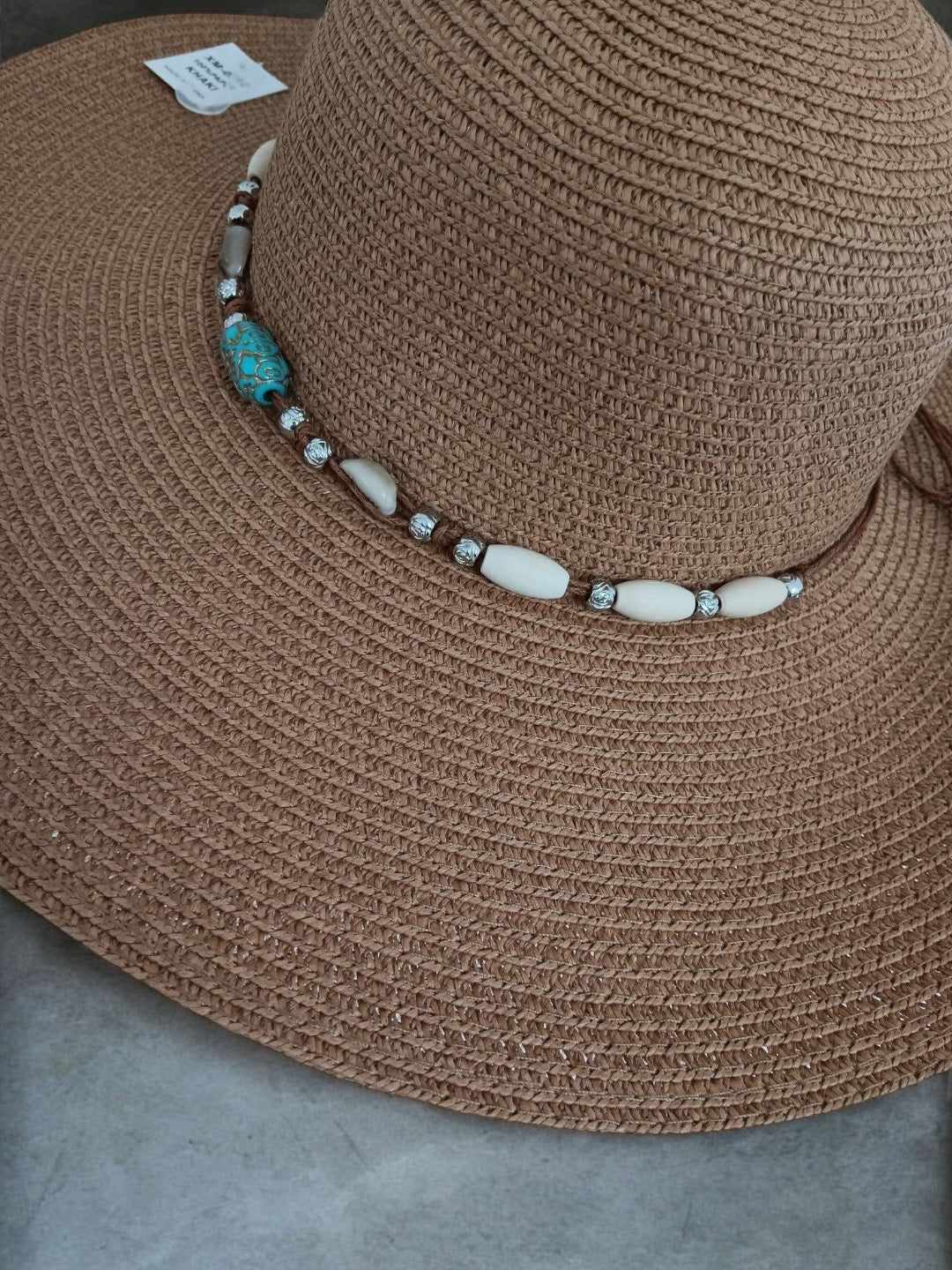 Wide-brimmed brown capeline hat with beaded trim, Le Petit Placard accessories
