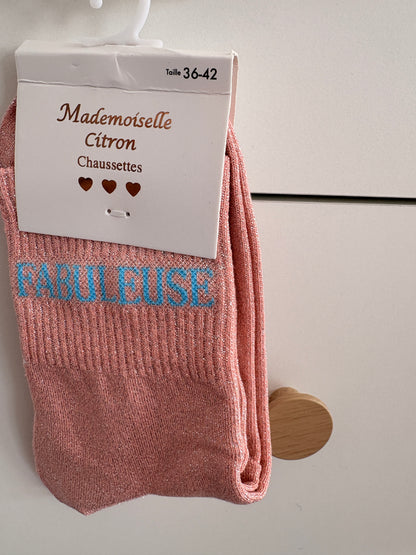 Chaussettes hautes pailletées femme roses inscription Fabuleuse en bleu, marque Mademoiselle Citron, taille 36-42