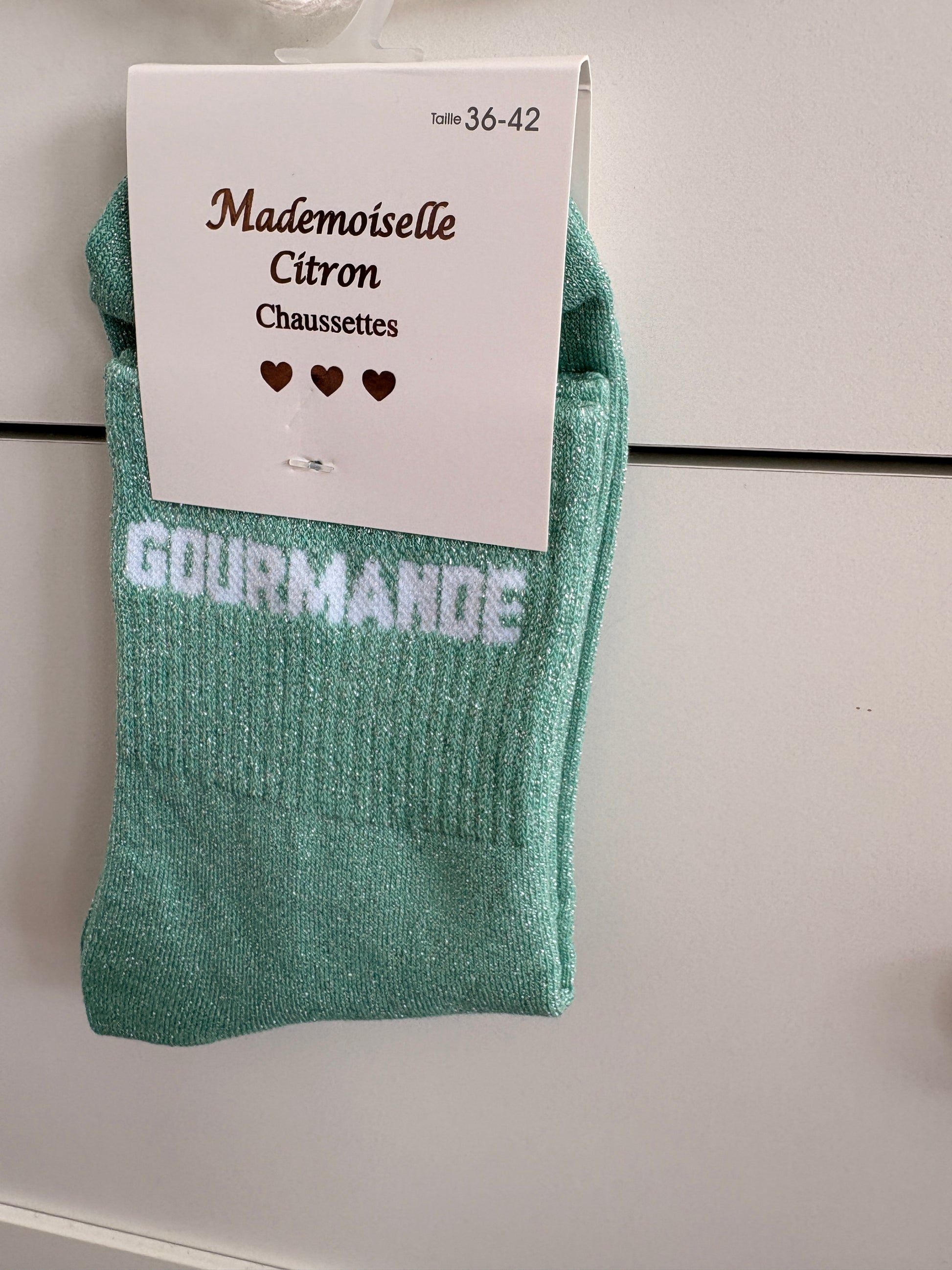 Chaussettes hautes pailletées Gourmande vert menthe avec inscription blanche, chaussettes fun femme taille 36-42