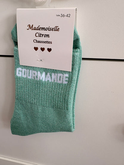Chaussettes hautes pailletées Gourmande vert menthe avec inscription blanche, chaussettes fun femme taille 36-42