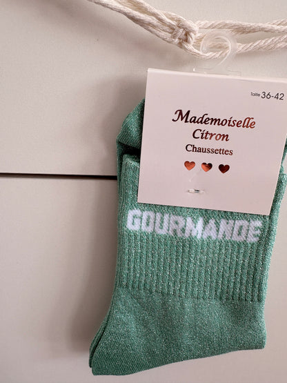 Chaussettes hautes pailletées Gourmande vertes fun femme Mademoiselle Citron, taille 36-42