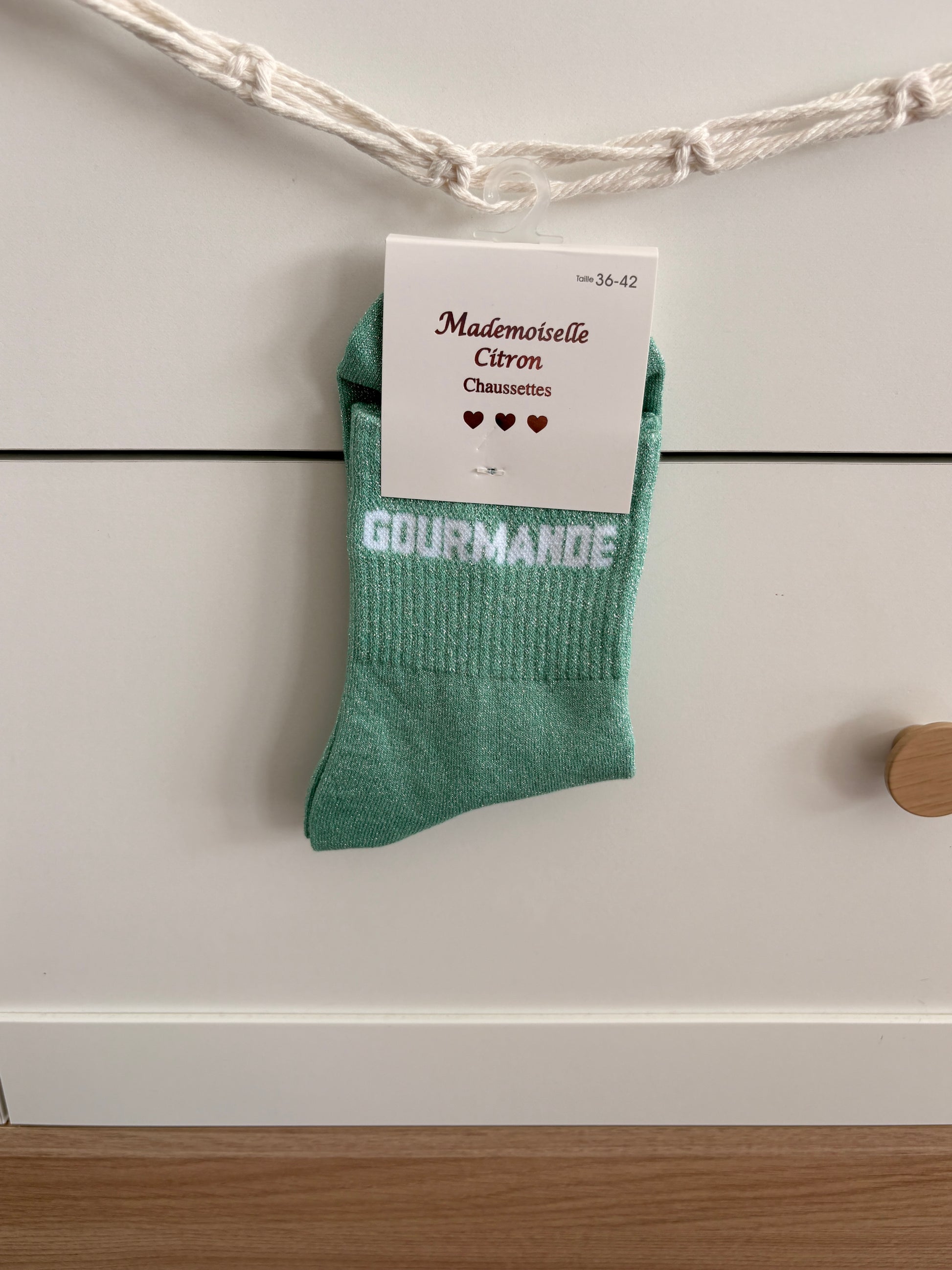 Chaussettes hautes pailletées Gourmande femme vertes avec inscription blanche, taille 36-42, Mademoiselle Citron