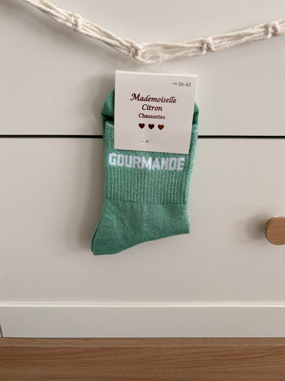 Chaussettes hautes pailletées Gourmande femme vertes avec inscription blanche, taille 36-42, Mademoiselle Citron