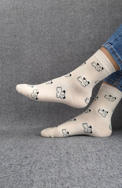Paire de chaussettes blanches en coton à motifs chiens noirs Le Petit Placard