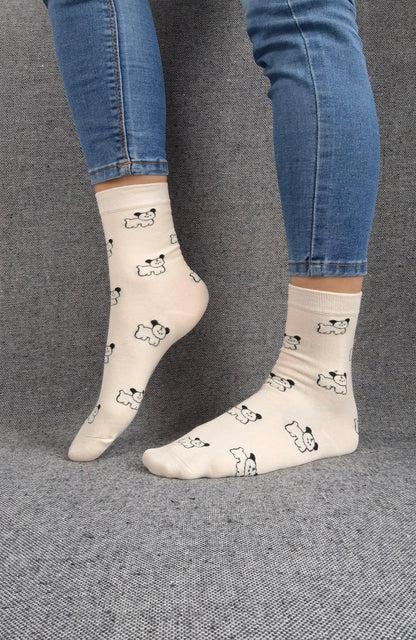 Paire de chaussettes blanches en coton à motifs chiens noirs Le Petit Placard