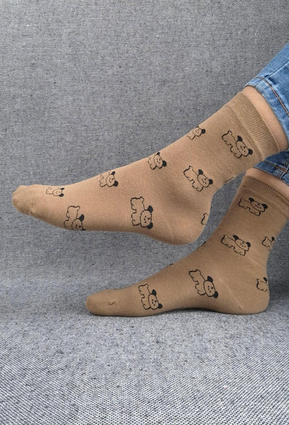 Paire de chaussettes marrons en coton à motifs chiens noirs Le Petit Placard
