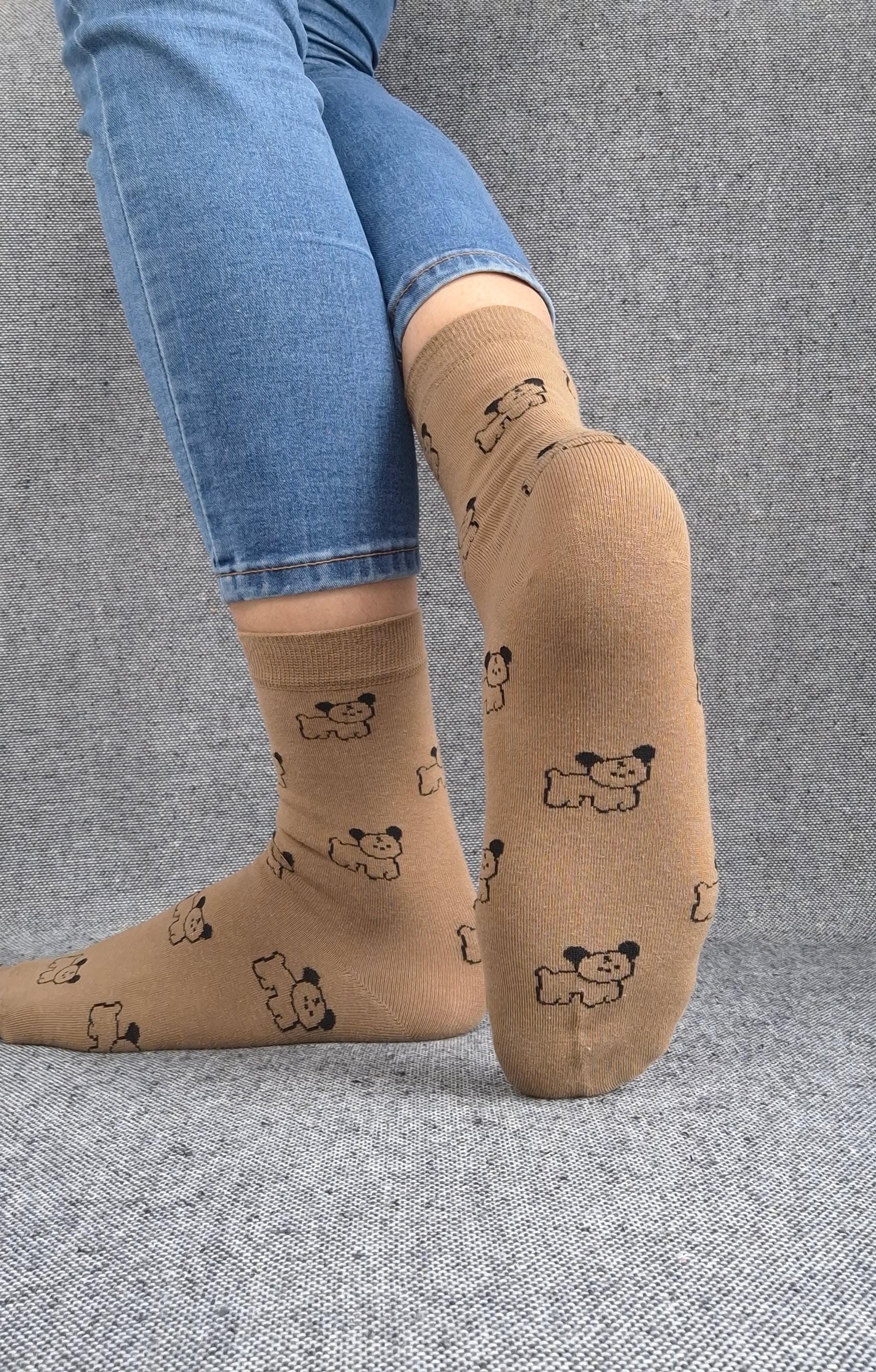 Paire de chaussettes marrons en coton à motifs chiens noirs Le Petit Placard