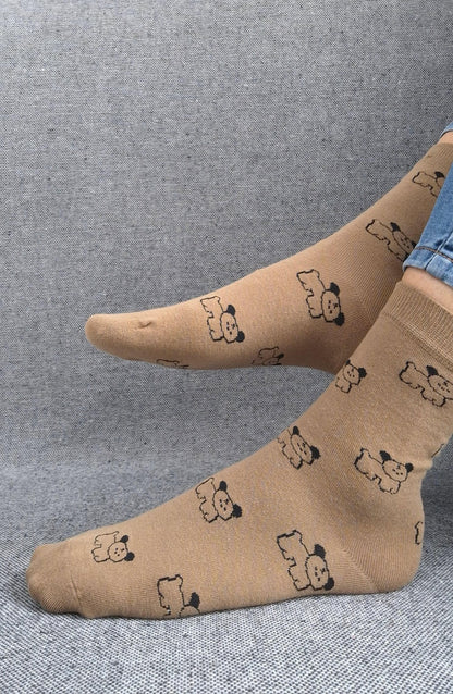 Paire de chaussettes marrons en coton à motifs chiens noirs Le Petit Placard