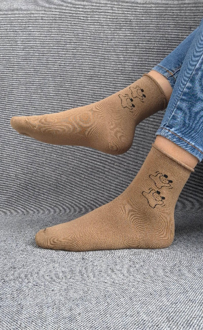 Paire de chaussettes marrons en coton à motifs deux petits chiens noirs Le Petit Placard