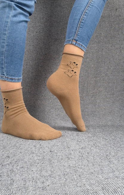 Paire de chaussettes marrons en coton à motifs deux petits chiens noirs Le Petit Placard