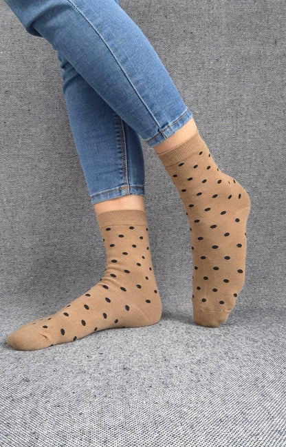Paire de chaussettes marrons en coton à motifs pois noirs Le Petit Placard