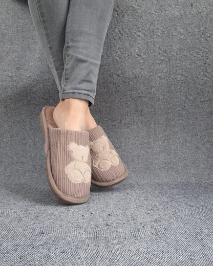 Chaussons fourrés marron en tissu avec motif ours Le Petit Placard