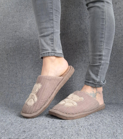 Chaussons fourrés marron en tissu avec motif ours Le Petit Placard