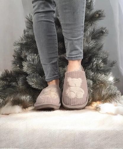 Chaussons fourrés marron en tissu avec motif ours Le Petit Placard