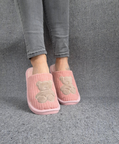 Chaussons fourrés rose en tissu avec motif ours Le Petit Placard