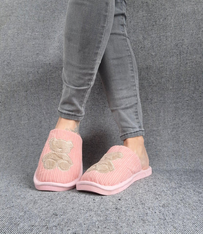 Chaussons fourrés rose en tissu avec motif ours Le Petit Placard