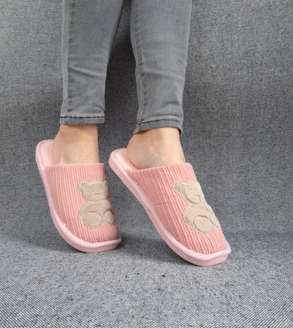 Chaussons fourrés rose en tissu avec motif ours Le Petit Placard