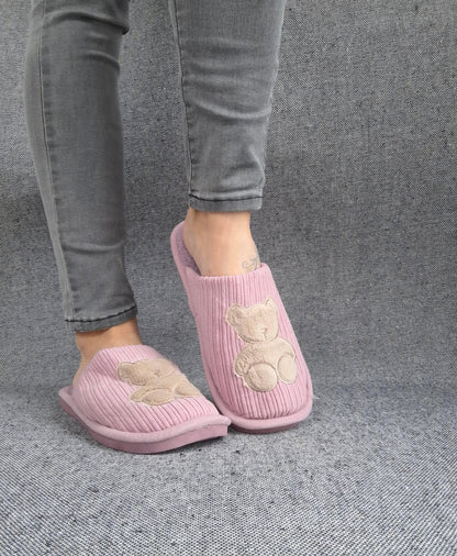 Chaussons fourrés violet en tissu avec motif ours Le Petit Placard