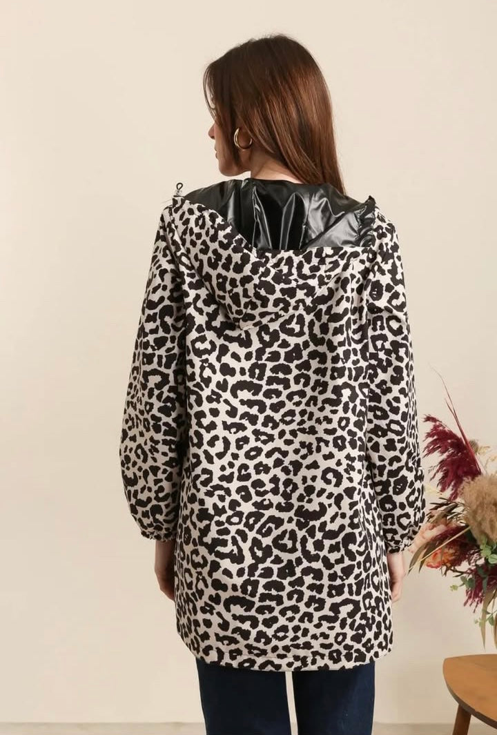 Attrait Paris - Manteau long sans ouate imperméable noir réversible avec motif léopard avec capuche Le Petit Placard