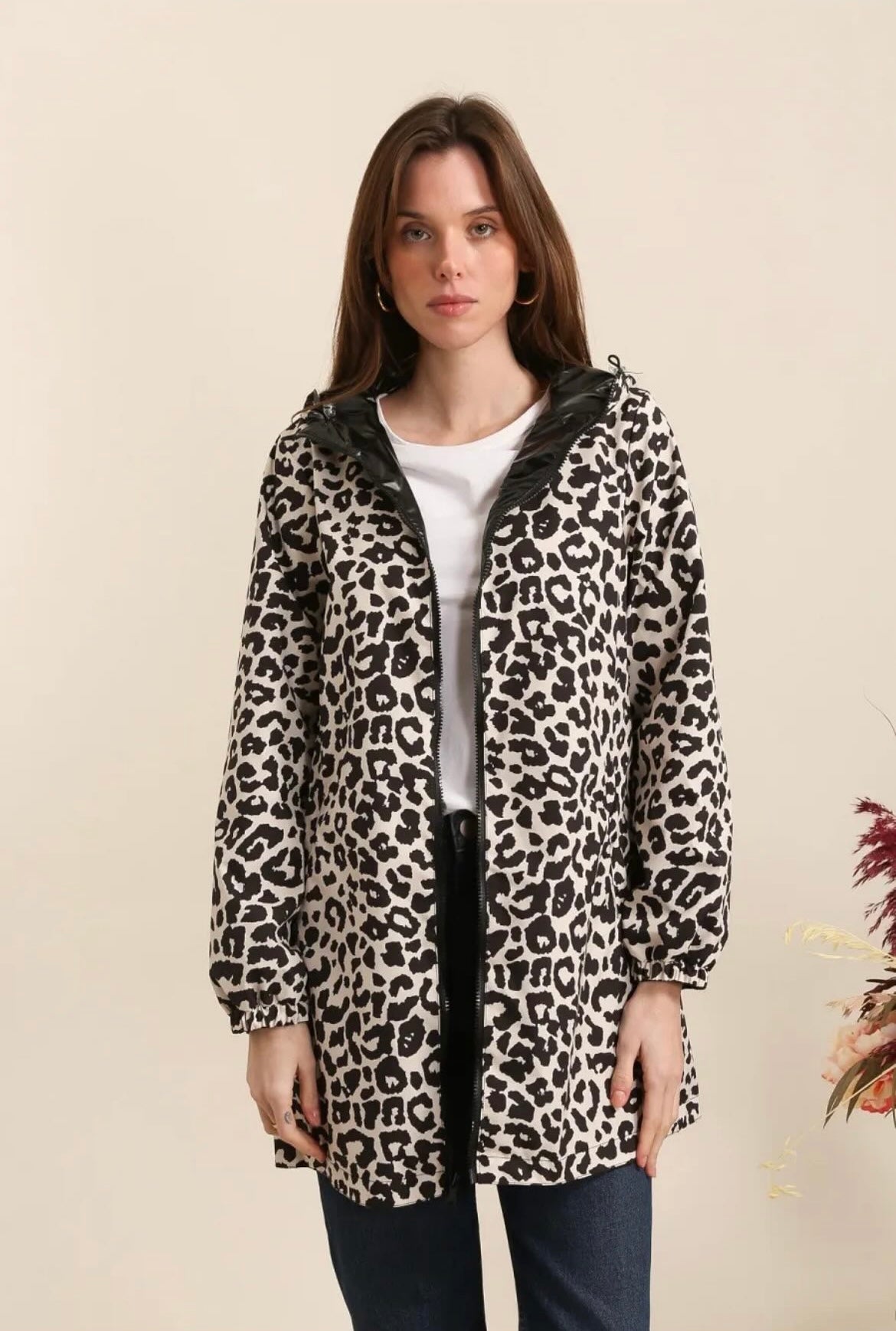 Attrait Paris - Manteau long sans ouate imperméable noir réversible avec motif léopard avec capuche Le Petit Placard