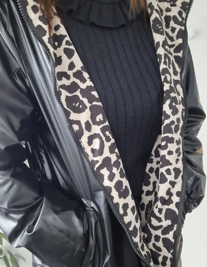 Attrait Paris - Manteau long sans ouate imperméable noir réversible avec motif léopard avec capuche Le Petit Placard
