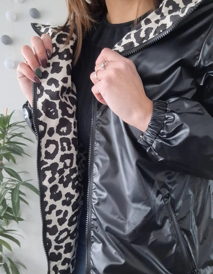 Attrait Paris - Manteau long sans ouate imperméable noir réversible avec motif léopard avec capuche Le Petit Placard