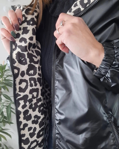 Attrait Paris - Manteau long sans ouate imperméable noir réversible avec motif léopard avec capuche Le Petit Placard