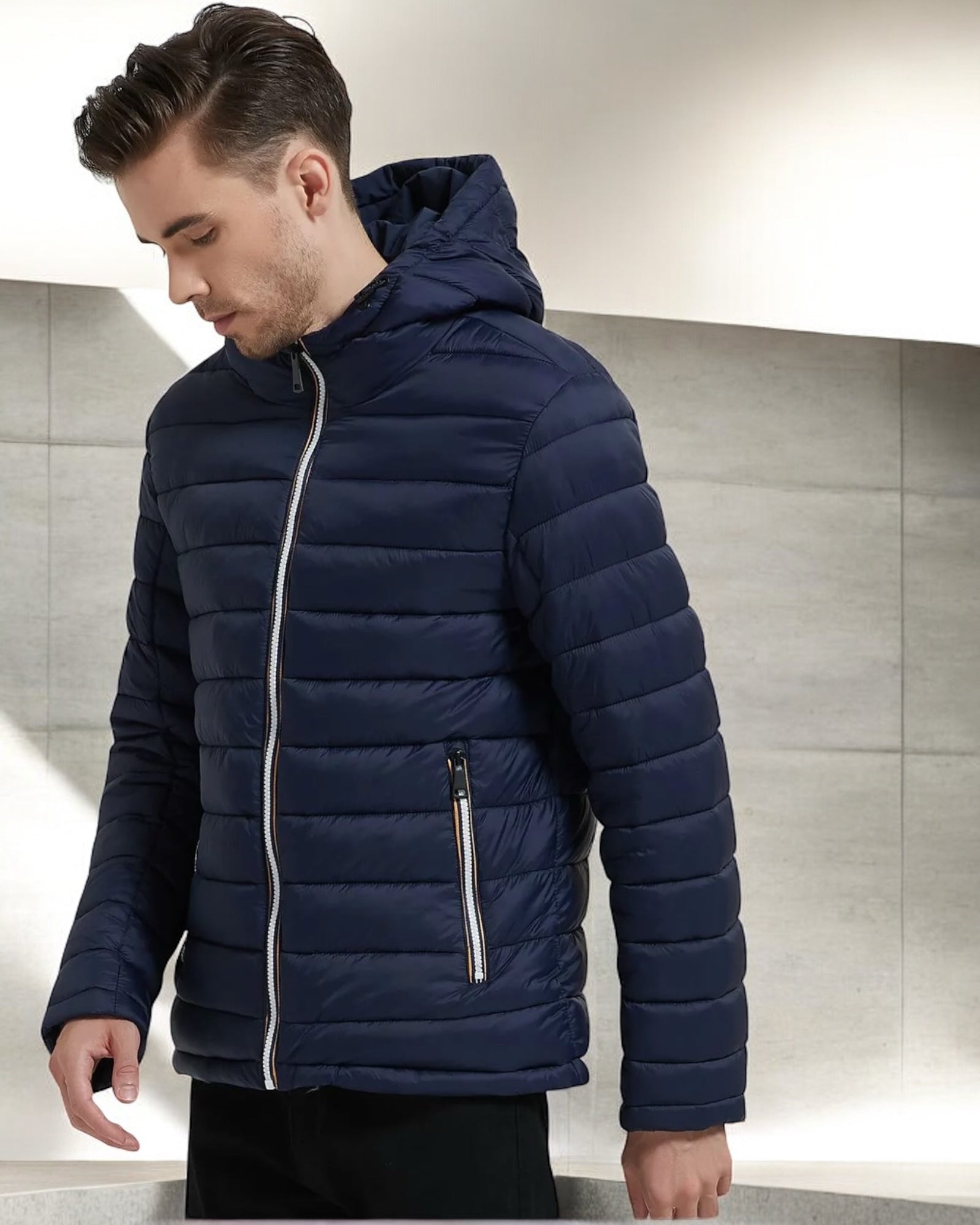 Doudoune à capuche HOMME courte imperméable et réversible matelassé bleu marine Le Petit Placard