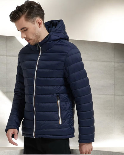 Doudoune à capuche HOMME courte imperméable et réversible matelassé bleu marine Le Petit Placard