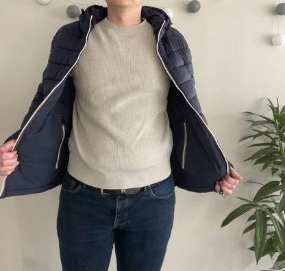 Doudoune à capuche HOMME courte imperméable et réversible matelassé bleu marine Le Petit Placard